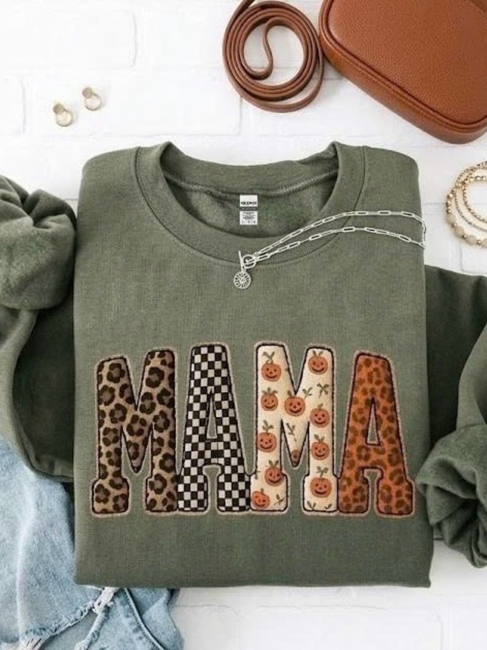 Fall Mama Leopard Pumpkin Checkered Crewneck Sweatshirt Olive